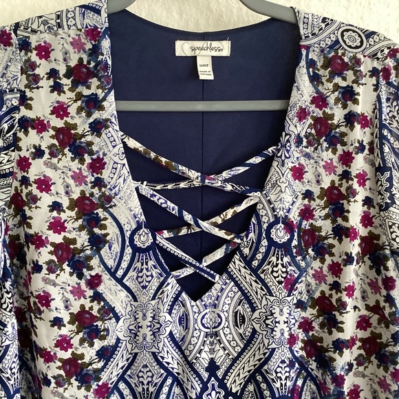 Y2K Speechless Red Blue White Paisley Print Bell Sleeve Boho Lined Mini Dress L - Picture 2 of 7